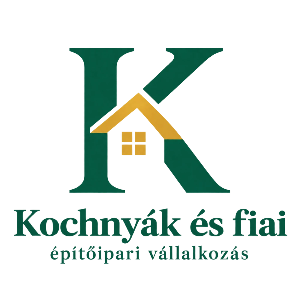 Kochnyák és fiai építőipari vállalkozás zöld–arany, házat formázó K logója